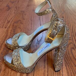 Jimmy Choo Gold Glitter Heels with Ankle Strap